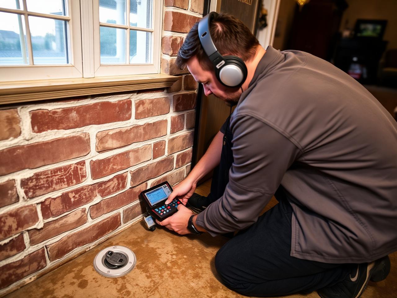 Licensed plumber performing slab leak detection inside a Texas home